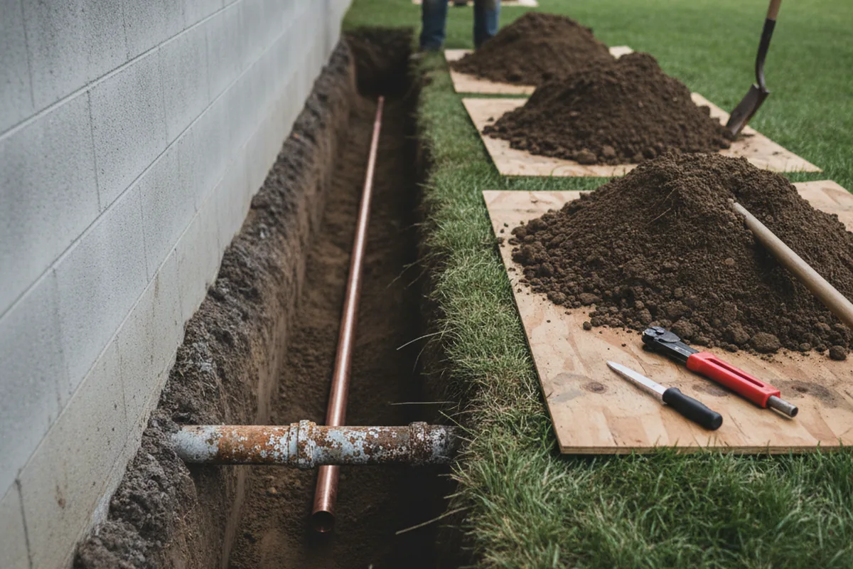 Excavated water line trench during Water Softener Installation in Dupont